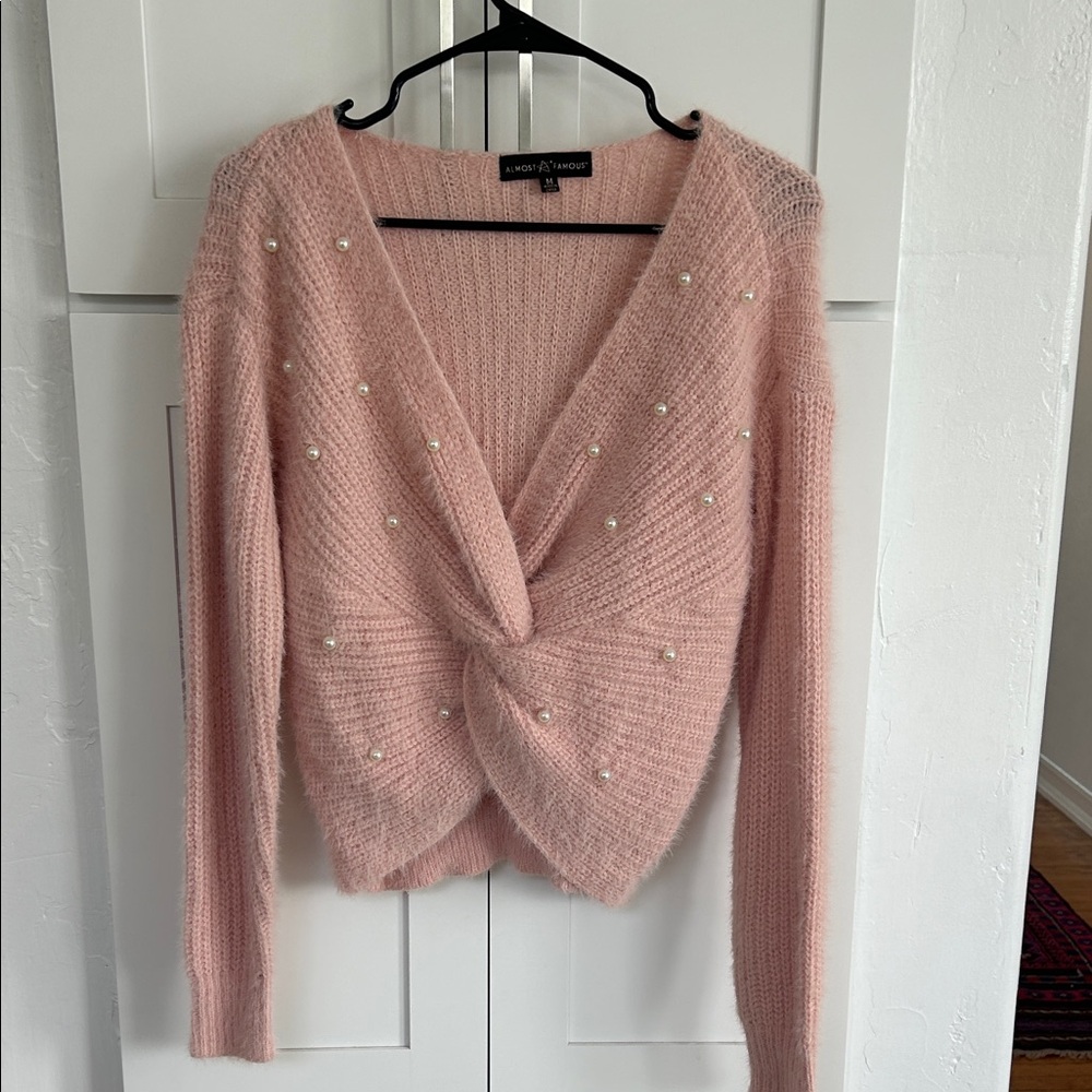 Almost Famous Pink Pearl V-Neck Sweater